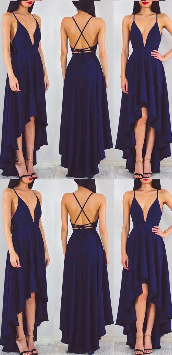 Hochzeit - Customized Sleeveless Dresses Long Navy Prom Evening Dresses With Criss Cross Lace Up High-Low Comely Evening Dresses WF02G56-598