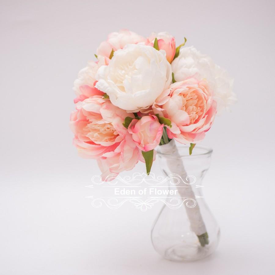 Свадьба - Silk Pink and White Peony Bridal Bouquet and Peony Boutonniere