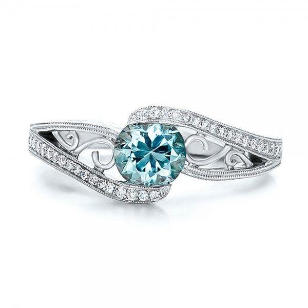 Hochzeit - Custom Blue Zircon And Diamond Engagement Ring
