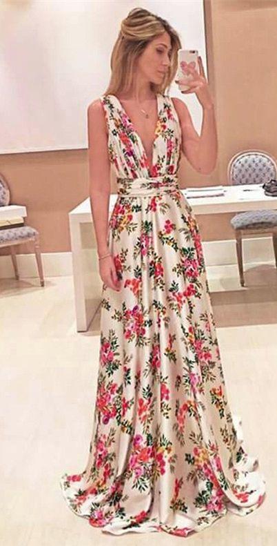 Hochzeit - A-Line Deep V-Neck Long Ivory Floral Satin Prom Dress With Pleats