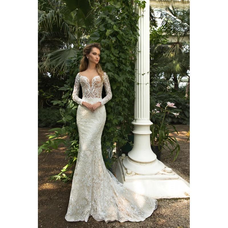 Mariage - Crystal Design 2018 Steysi Fit & Flare Illusion Cream Long Sleeves Sweep Train Sweet Covered Button Lace Beading Wedding Gown - Designer Party Dress & Formal Gown