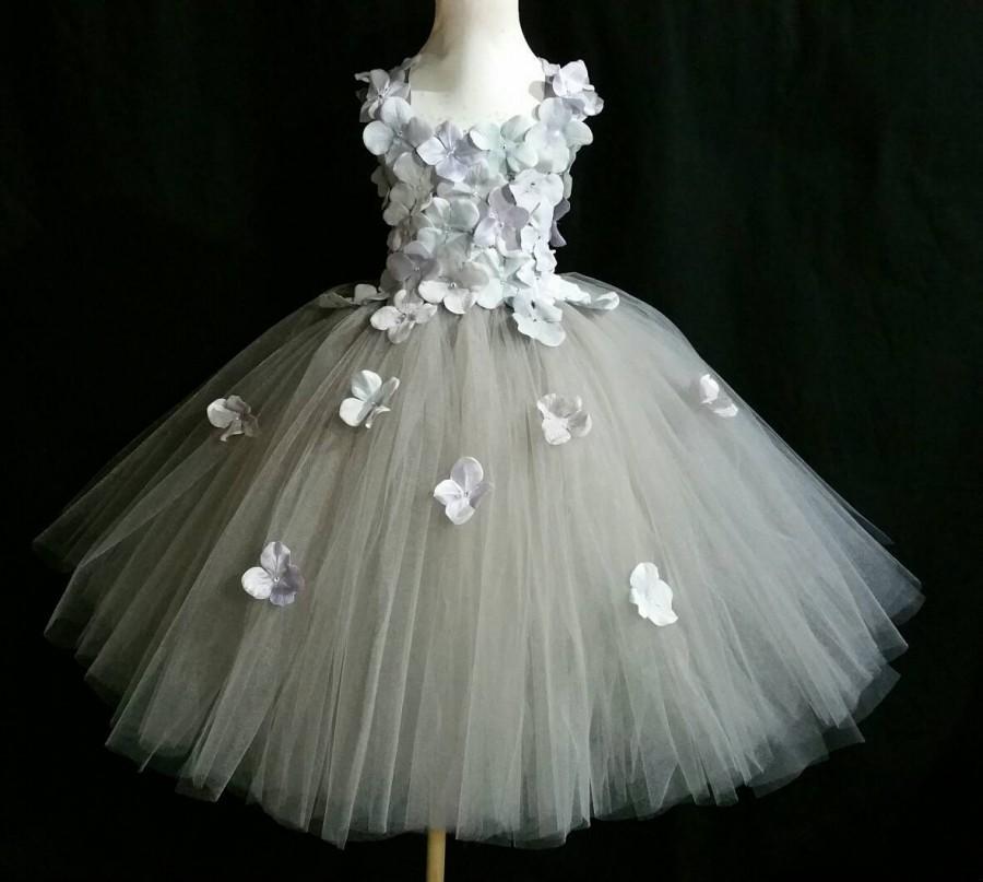 Mariage - Silver gray hydrangea flower tutu dress/ Flower girl dress/Party dress(Aqua,white,ivory,burgundy,blue,lavender,yellow many colors available)