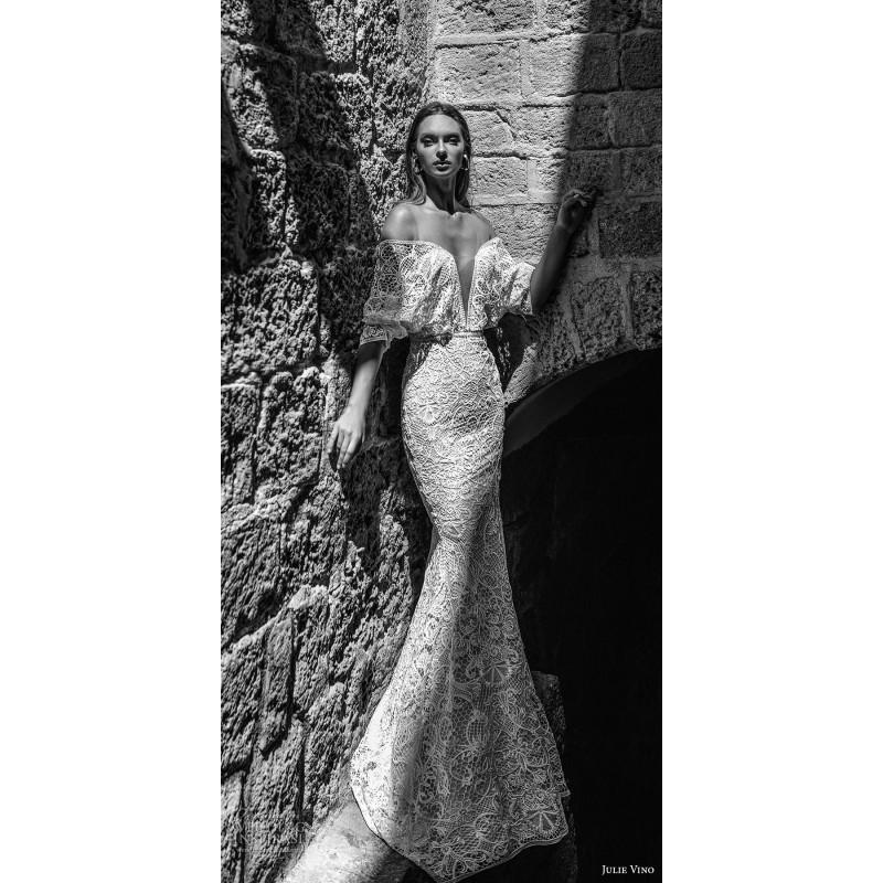 زفاف - Julie Vino 2018 52 Sheath Lace Off-the-shoulder Ivory Short Sleeves Embroidery Court Train Sexy Dress For Bride - Rolierosie One Wedding Store