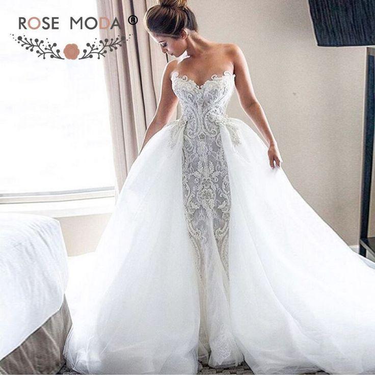 زفاف - Luxury Strapless Sweetheart Chantilly Lace Mermaid Wedding Dress With Removable Tulle Train