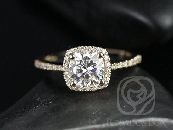 Mariage - Rosados Box Brandi 6mm 14kt Yellow Gold Cushion F1- Moissanite And Diamond Halo Engagement Ring (Other Metals And Stone Options Available)