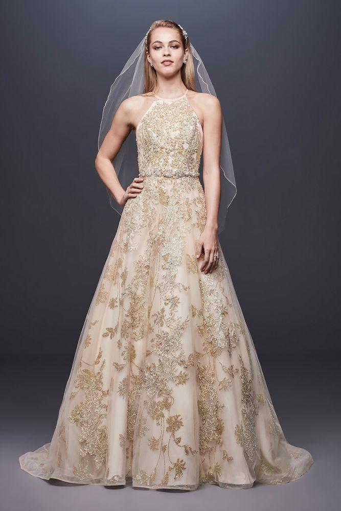 زفاف - Allover Lace Applique Halter Ball Gown Style SWG801, Gold, 4