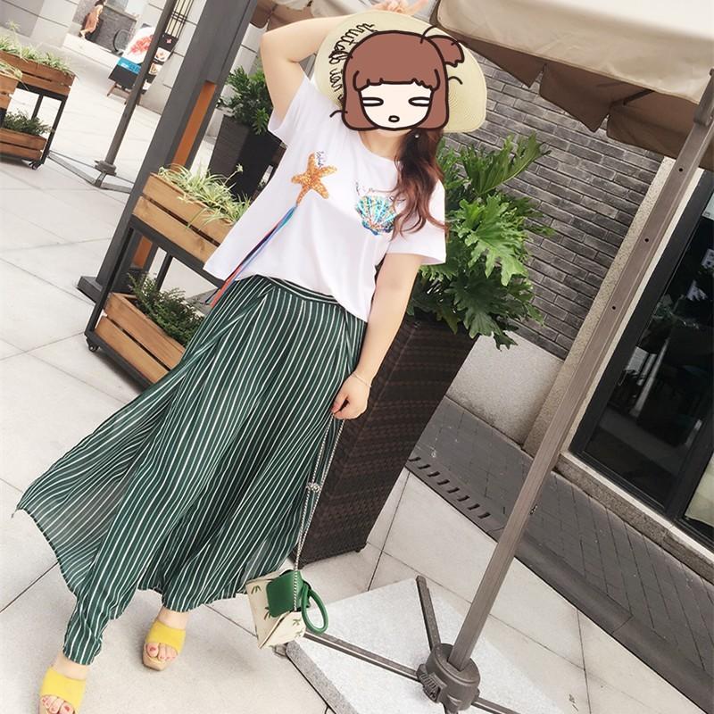Mariage - Vogue Fresh High Waisted Sequined Stripped T-shirt Culotte Wide Leg Pant - Discount Fashion in beenono