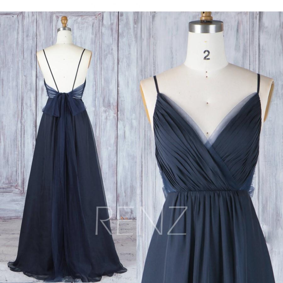 زفاف - Bridesmaid Dress Navy Blue Chiffon Wedding Dress with Bow,Spaghetti Straps Prom Dress,Ruched V Neck Ball Gown Long Evening Dress(H547)