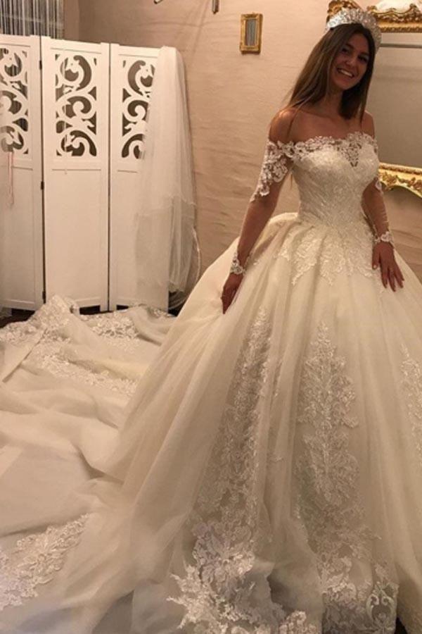 Свадьба - Off The Shoulder Long Sleeves Appliques Ball Gown Wedding Dress WD163