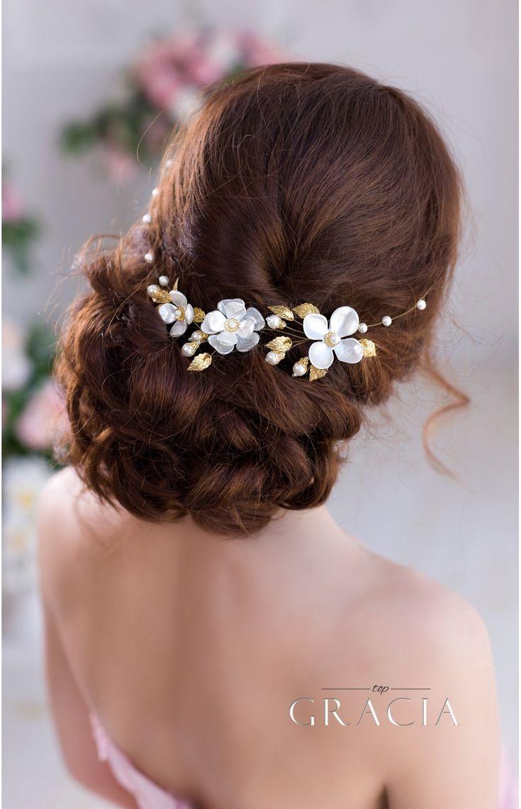 Hochzeit - HERMIA Gold Silver Pearl Flower Bridal Headband Wedding Flower Crown