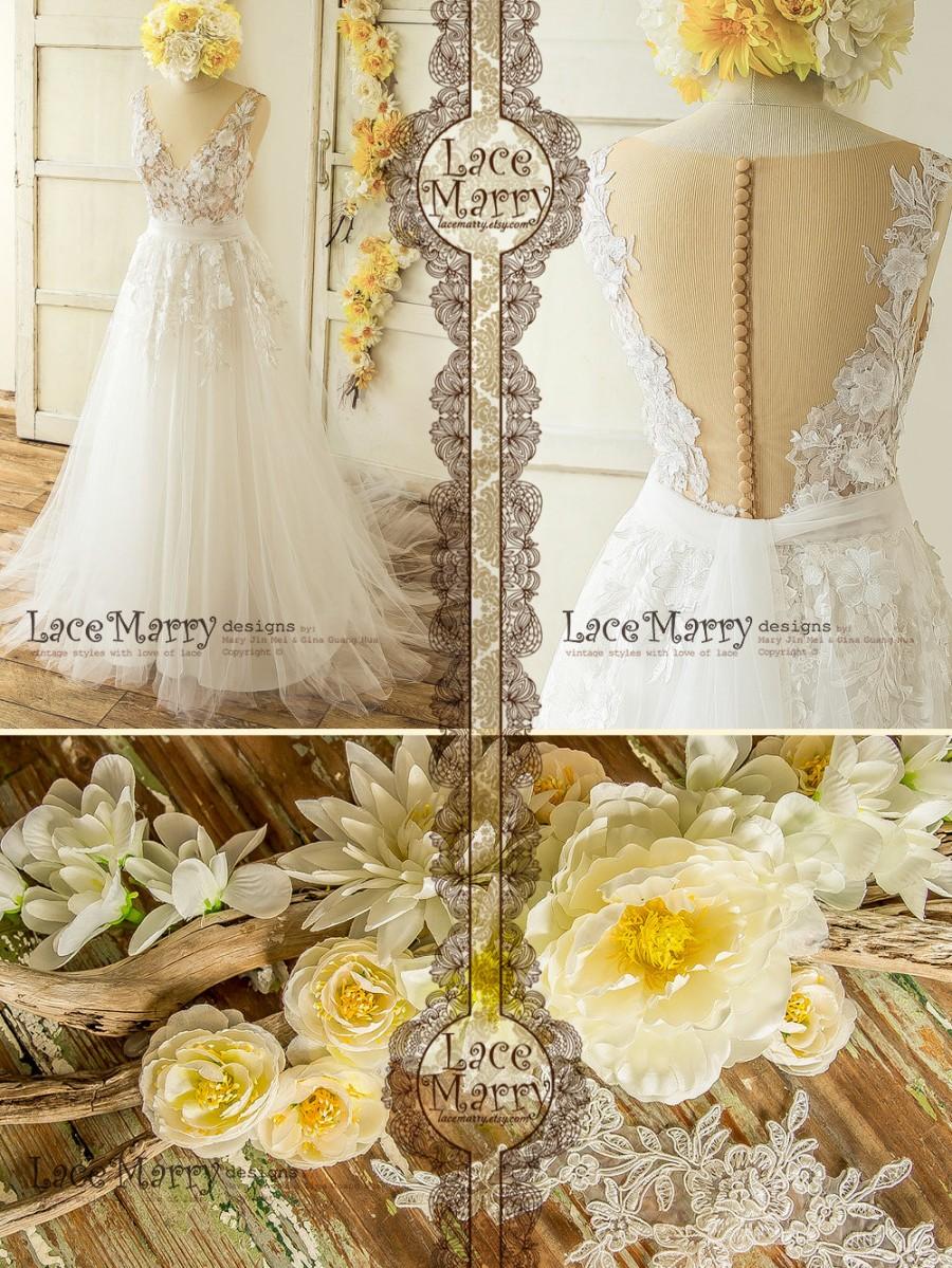 Свадьба - 3D Lace Boho Wedding Dress with Sheer Nude Top in V-Cut shape Back 