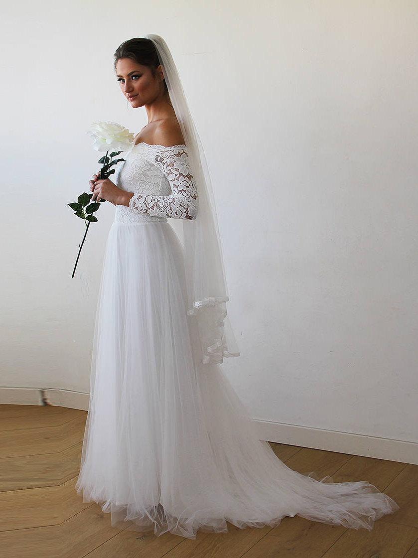 زفاف - Ivory Wedding Dress with Train Off-The-Shoulder Lace and Tulle, Wedding Dresses with Trains, Ivory Train Wedding Dress 1162
