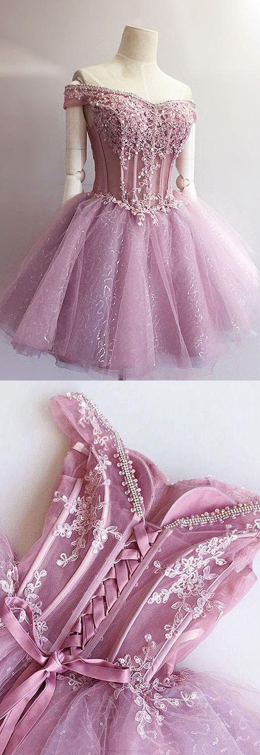زفاف - Lilac Prom Dresses, Short Party Dresses, 2017 Homecoming Dress Off-the-shoulder Lace-up Short Prom Dress Party Dress WF02G40-165