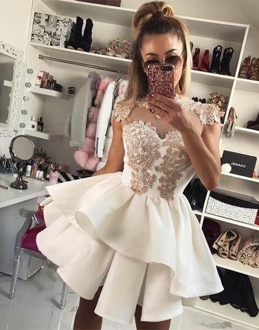 زفاف - Cute Lace White Short Prom Dress, Cute Homecoming Dress,BD173004