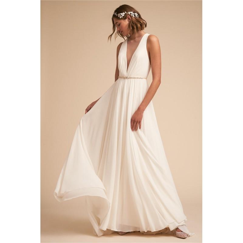 Mariage - BHLDN Spring/Summer 2018 Conrad V-Neck Chapel Train Ivory Sleeveless Simple Aline with Sash Chiffon Dress For Bride - Customize Your Prom Dress