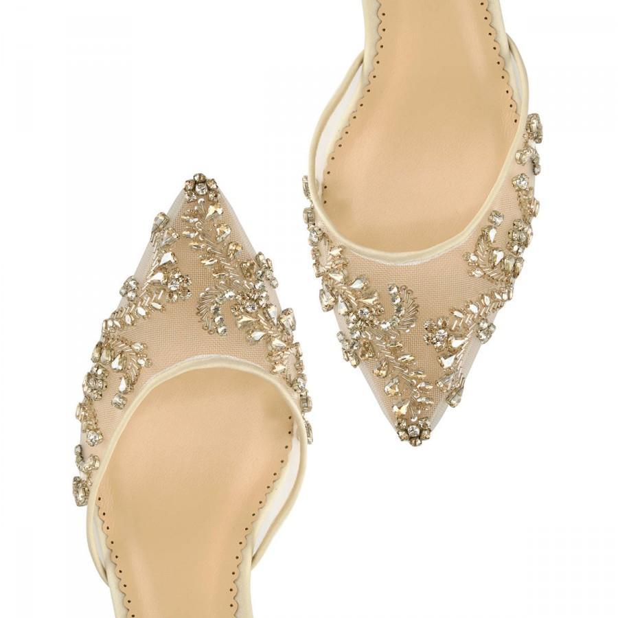 زفاف - Comfortable Champagne and Gold Low Heel crystal embellished and beaded wedding shoes with ankle straps Bella Belle Frances