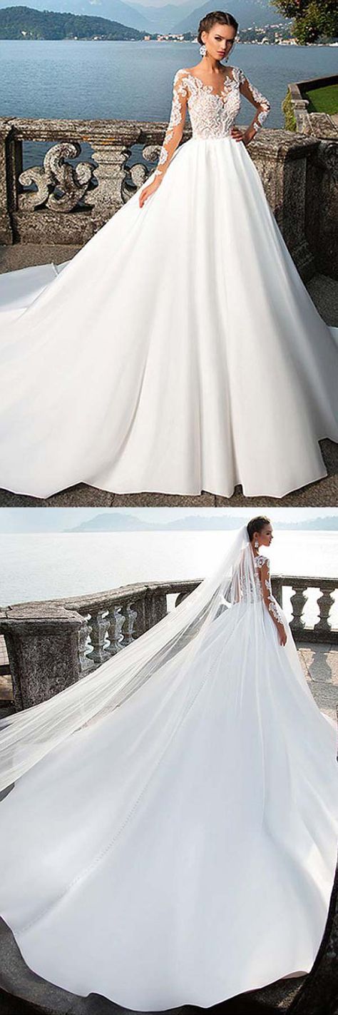 Свадьба - Satin Bateau Neckline A-Line Wedding Dresses With Lace Appliques WD192