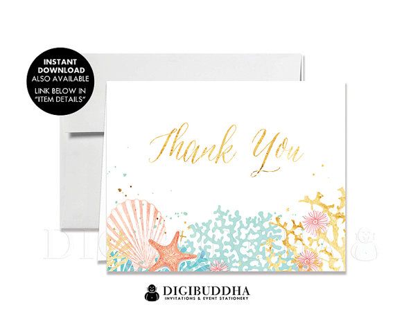 زفاف - Beach THANK YOU CARD Ocean Nautical Gold Foil Look Folded A2 Printed Note Card Wedding Bridal Shower Graduation Notecard Blank Inside- Elena