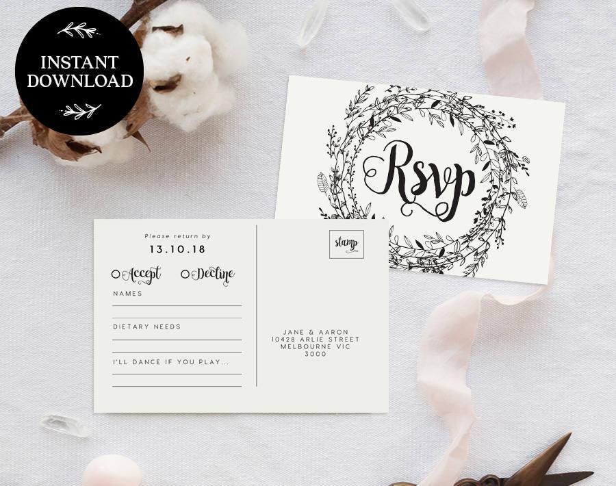 Hochzeit - RSVP Postcard Template INSTANT DOWNLOAD, Editable pdf, rsvp Cards, rsvp Postcard, rsvp template, wedding rsvp cards - Audrey