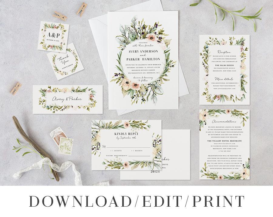 Hochzeit - Wedding Invitation Template, Printable Wedding Set, Instant Download Editable Invites, DIY Digital Suite, Rustic Wildflower, Avery Templett