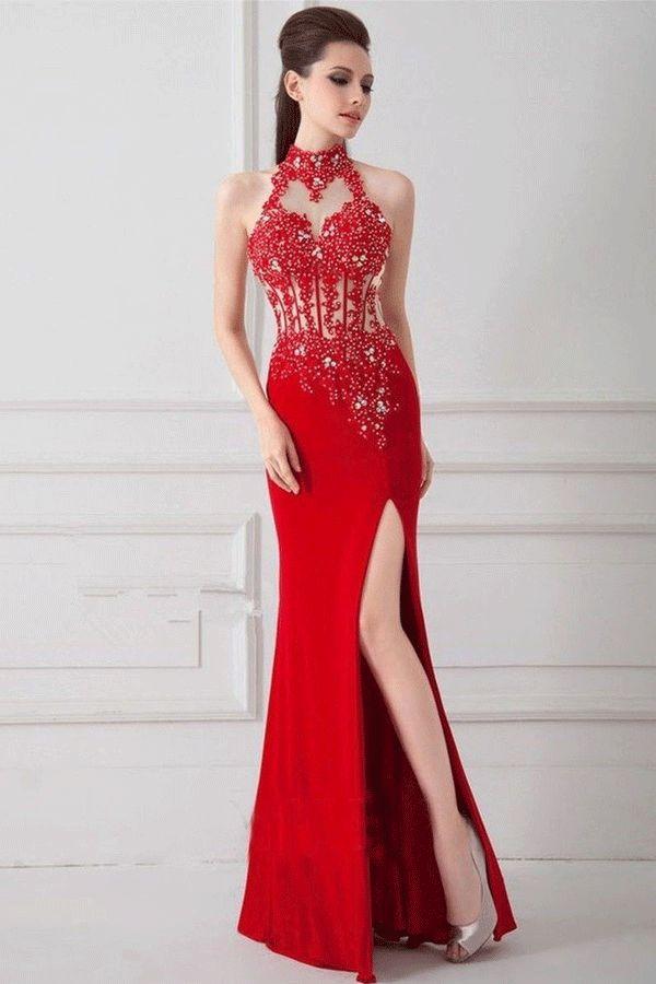 زفاف - Nice Long Mermaid/Trumpet Prom Dresses, Red Sleeveless With Split-front Split Prom Dresses WF01G47-549