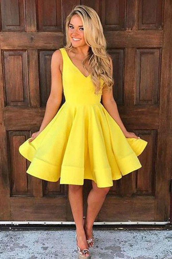 زفاف - Outlet Great A-Line Prom Dresses A-line Yellow Satin Short Prom Dress Homecoming Dress Short Prom Dresses