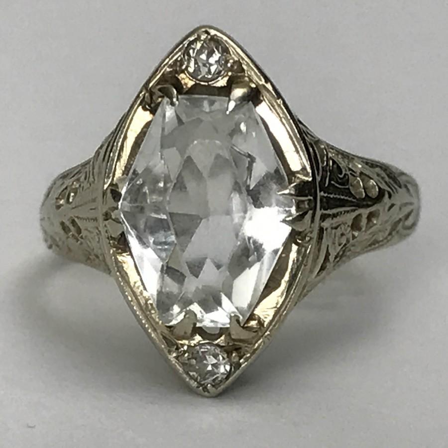 Wedding - Vintage Aquamarine Ring. Diamond Accents. 14k Gold Art Deco Filigree Setting. Unique Engagement Ring. March Birthstone. 19th Anniversary.