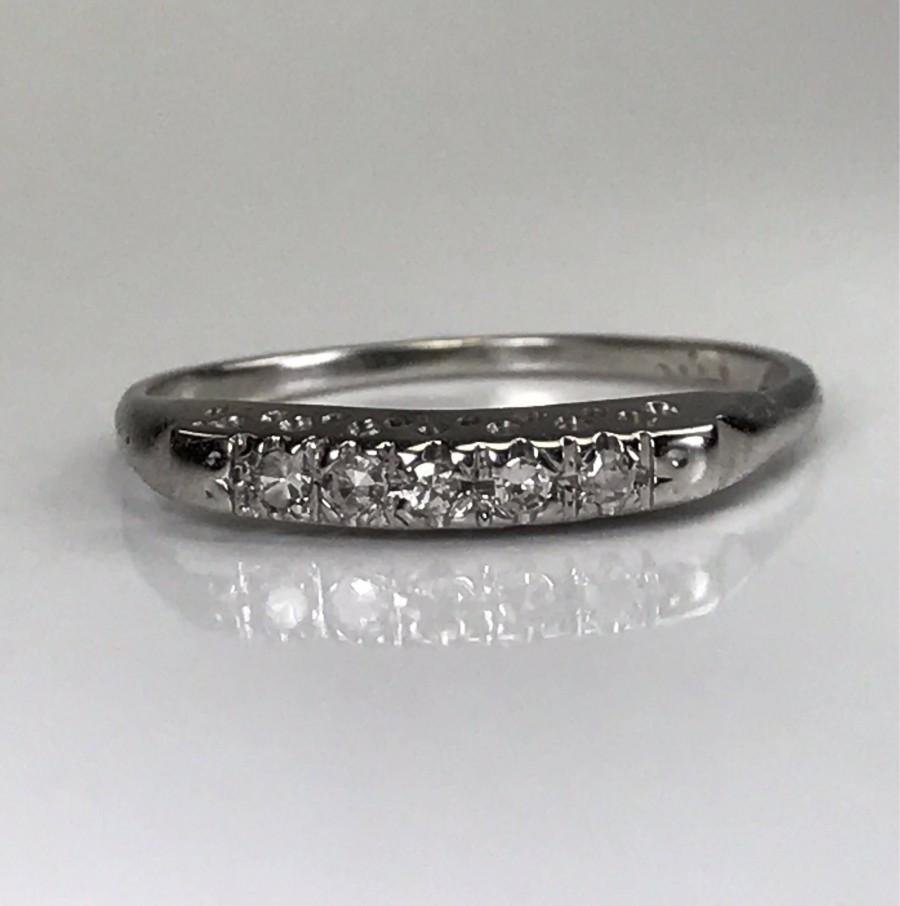 Wedding - Vintage Diamond Wedding Band. 14K White Gold. April Birthstone. 10th Anniversary Gift. Estate Jewelry. Diamond Stacking Ring. Gold Band.