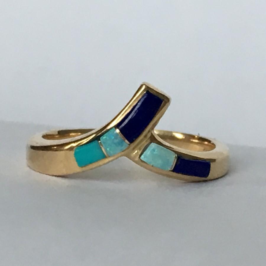 Mariage - Vintage Gold Wishbone Band. Lapis Opal and Turquoise Inlay. 14K Yellow Gold. Vintage Wedding Band. Estate Jewelry. Lapis Ring. Opal Band.