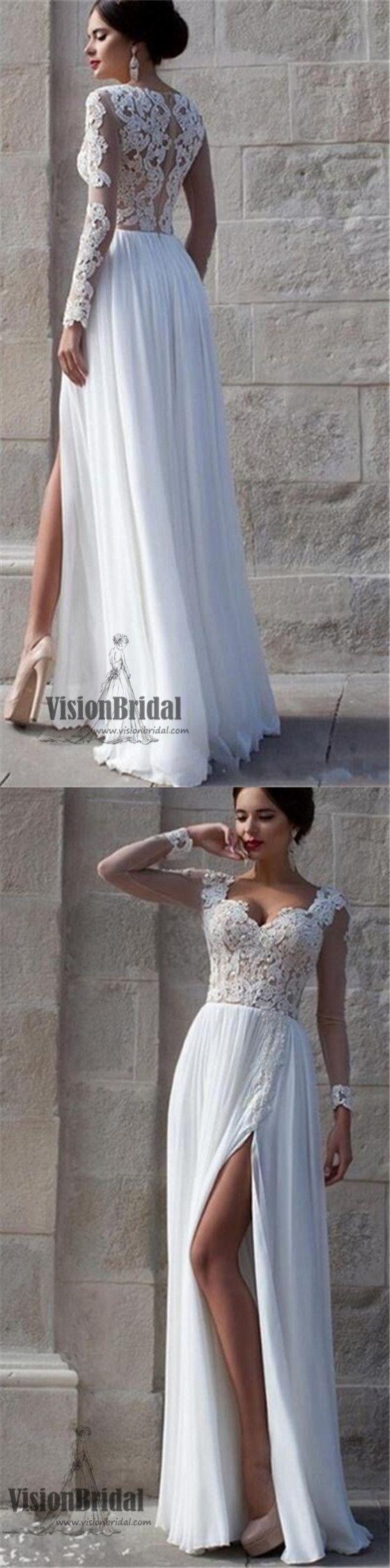 Wedding - Top See Through White Sweetheart Lace Tulle Prom Dress, Long Sleeves Side Slit Charming Prom Dress, Prom Dresses, VB0202