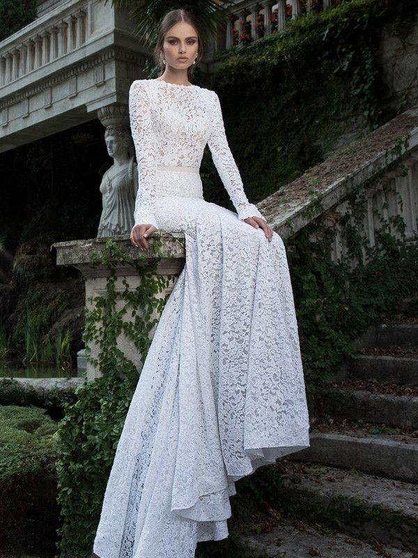 زفاف - White Prom Dress,Trumpet Mermaid Long Sleeve Bateau Sweep Brush Train Prom Dress Evening Dress SP7241