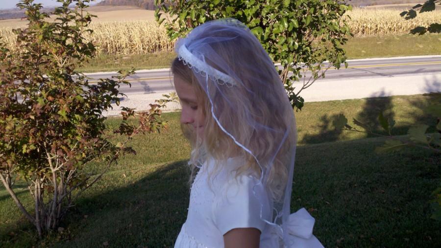 Hochzeit - Veil First Holy Communion, Satin Beaded Headband First Holy Communion Veil, Miniature Bride Beaded Headband Veil