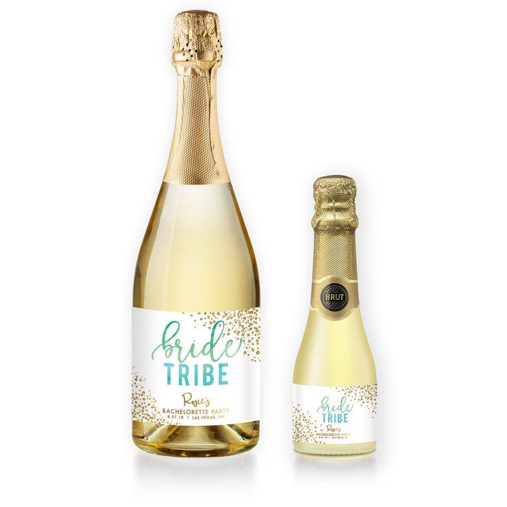 زفاف - "Rosie" Green Blue Ombre Bride Tribe Bachelorette Party Champagne Labels
