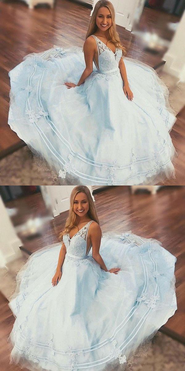 Свадьба - A-Line V-Neck Court Train Light Blue Tulle Prom Dress With Lace
