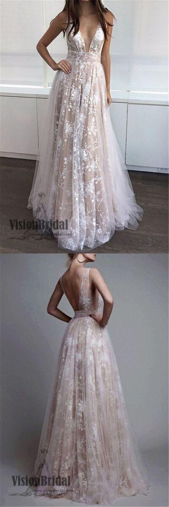 Wedding - Deep V-Neck Lace Embroidery Tulle With Sequin Petticoat Long Prom Dress, Prom Dresses, VB0269