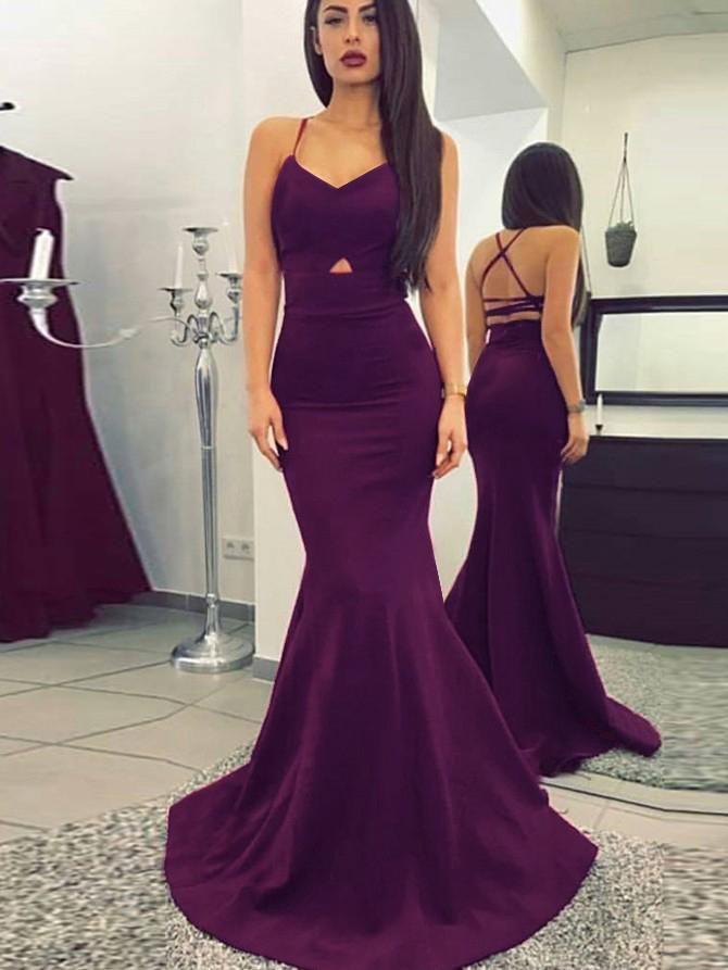 Свадьба - Chic Trumpet/Mermaid Spaghetti Straps Grape Satin Simple Modest Prom Dress Evening Dress AM589
