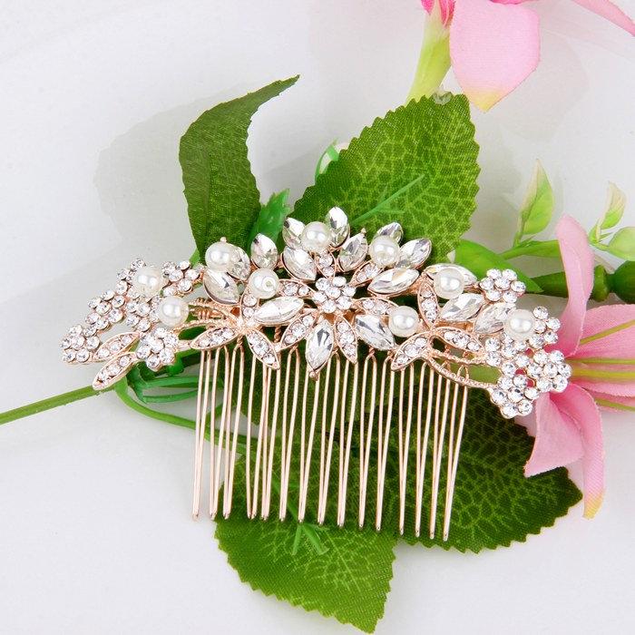 زفاف - Bridal Hair Accessories Rose Gold Bridal Hair Comb Wedding Hair Comb Pearl Hair Piece Rose Gold Bridal Headpiece Rhinestone Crystal Clip