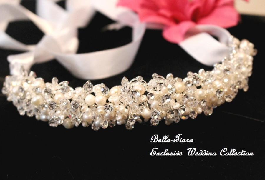 Wedding - crystal pearl headband, wedding pearl headband, wedding headband, bridal pearl headband, ribbon wedding headband