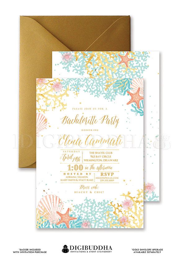 Mariage - Beach Bachelorette Party Invitation Watercolor Ocean Coral Gold Foil Look Bohemian Wedding Bridal FREE PRIORITY SHIPPING Or Printable- Elena