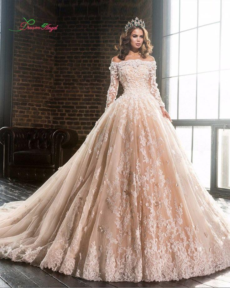 Wedding - Fashionable Boat Neck Gorgeous Royal Train Long Sleeve Lace Appliques Beading Full A Line Wedding Gown