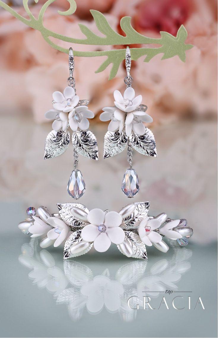 زفاف - BIA Flower Silver Crystal Bridal Jewelery Set Bracelet And Earrings