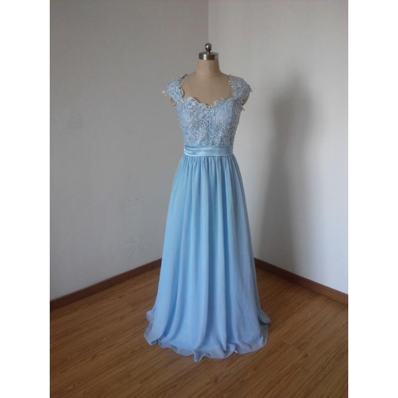 Mariage - Cap Sleeves Sweetheart Light Sky Blue Lace Chiffon Long Bridesmaid Dress - Hand-made Beautiful Dresses
