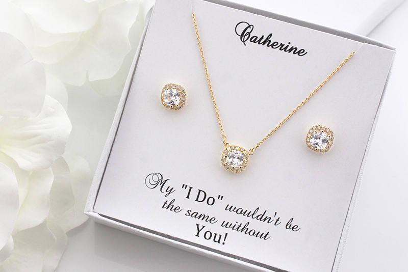 زفاف - Julia - Gold Wedding Jewelry Set, Bridal Earrings + Necklace, Crystal Cushion Earrings, Stud Earrings, Bridesmaids Gift, Bridesmaid Gift Set