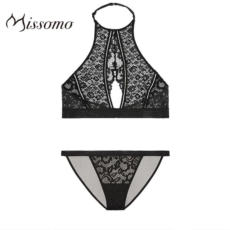Wedding - Sexy Hollow Out Halter Wire-free Lace Black Outfit Bra Underwear - Bonny YZOZO Boutique Store
