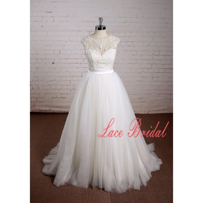 Свадьба - Bateau Neckline Wedding Dress with Tulle Skirt A Line Wedding Dress with Sheer Back - Hand-made Beautiful Dresses