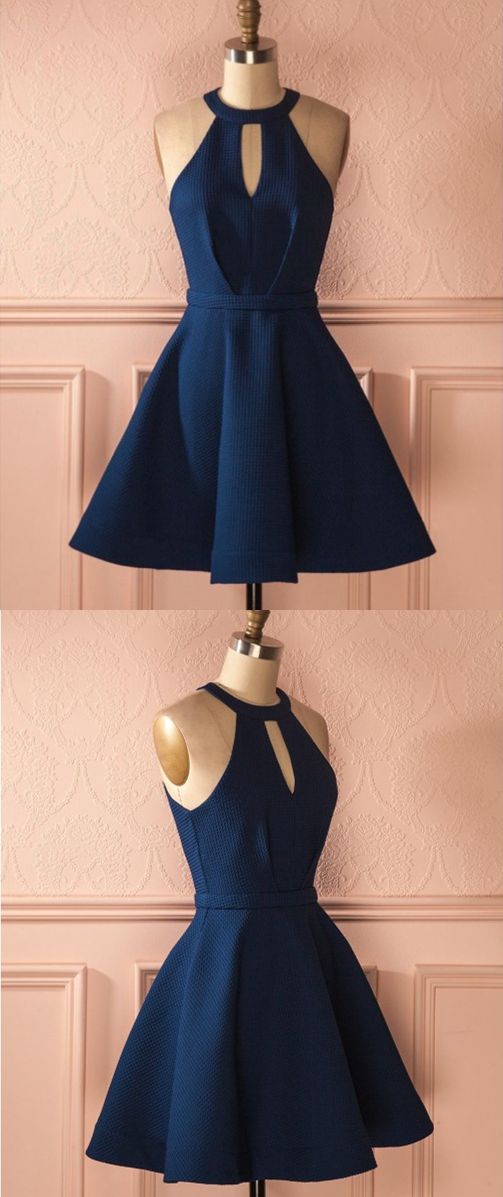 زفاف - A-Line Jewel Keyhole Dark Blue Satin Short Homecoming Cocktail Dress