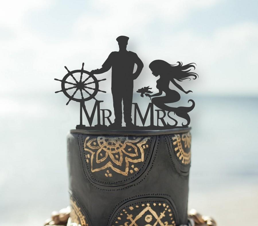 Hochzeit - Mr and Mrs Wedding Cake Topper Mermaid Silhouette His Mermaid Her Captain Beach Wedding Silhouette Bride and Groom Topper