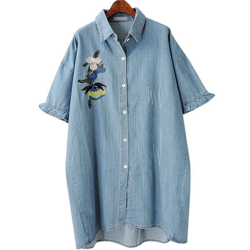 Mariage - Must-have Old School Oversized Ripped Embroidery Cowboy Floral Short Sleeves Blouse Dress - Lafannie Fashion Shop