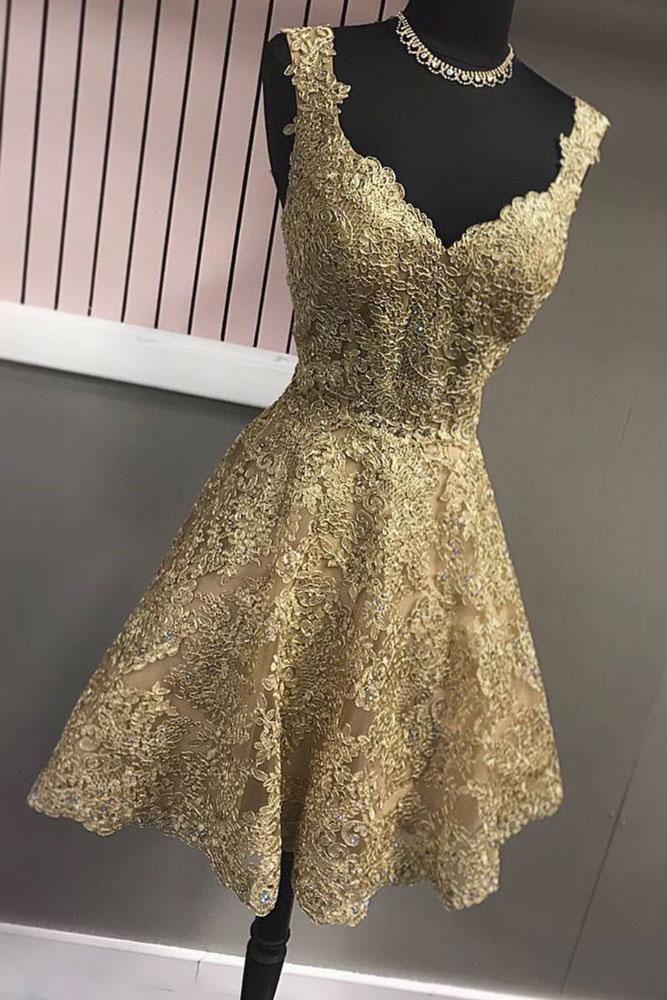 زفاف - Gold V Neck Lace Short Prom Dress, Gold Homecoming Dress