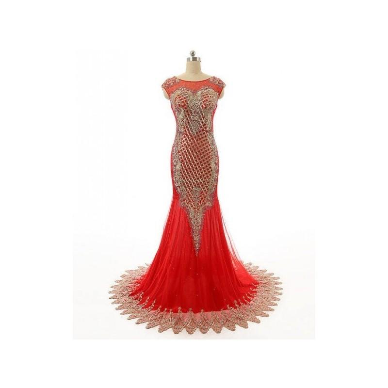 Mariage - Stunning Beaded Gold Lace Formal Dress Red Mermaid Evening Dress Long Handmade Prom Dresses Weddings Party Prom Gowns - Hand-made Beautiful Dresses